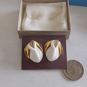 Gold-Tone Earrings with White Enamel and Crystal Accents